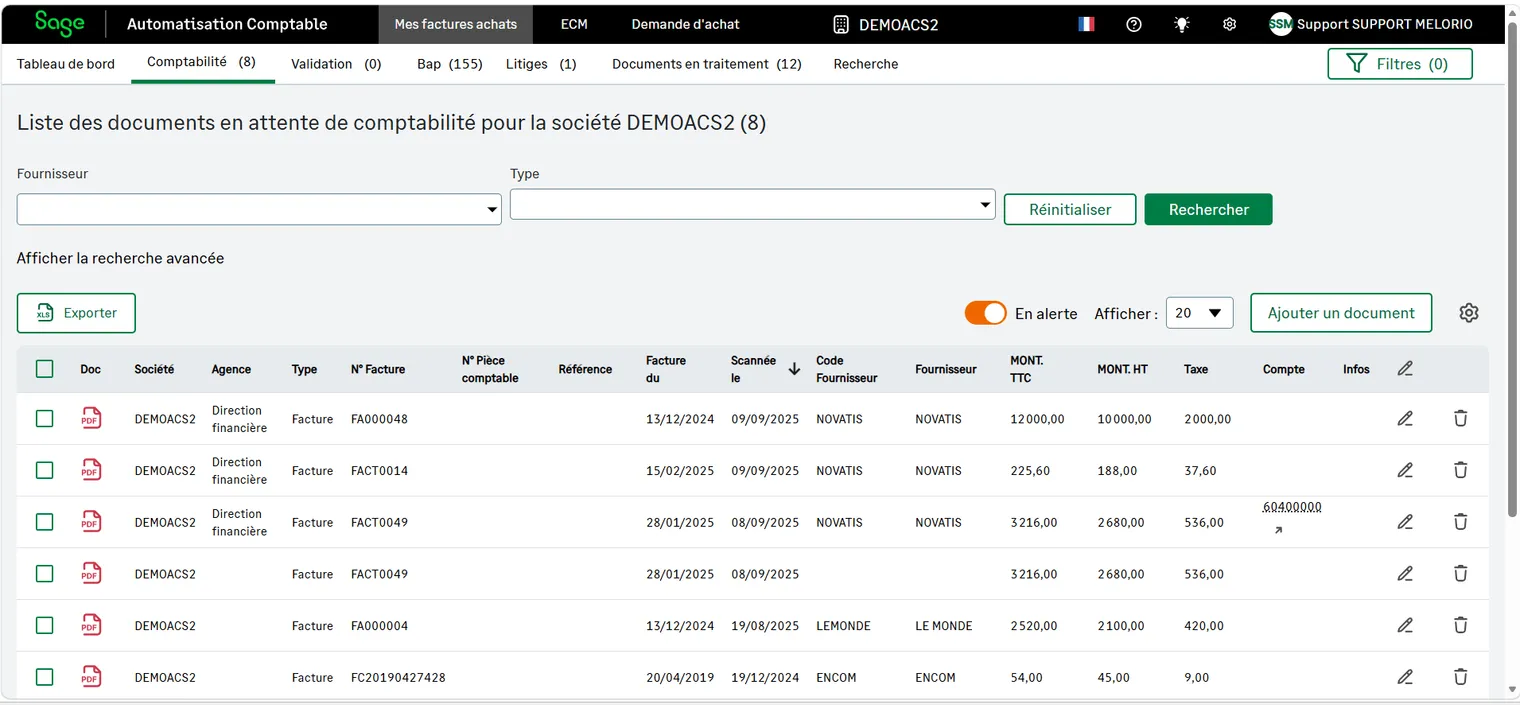 Liste des documents en attente de comptabilisation dans ACS : pour chaque facture, la société, l'agence, le type, le numéro de facture, la date, la date de scan, le fournisseur, les montants TTC, HT et de taxe, et le compte de charge proposé.