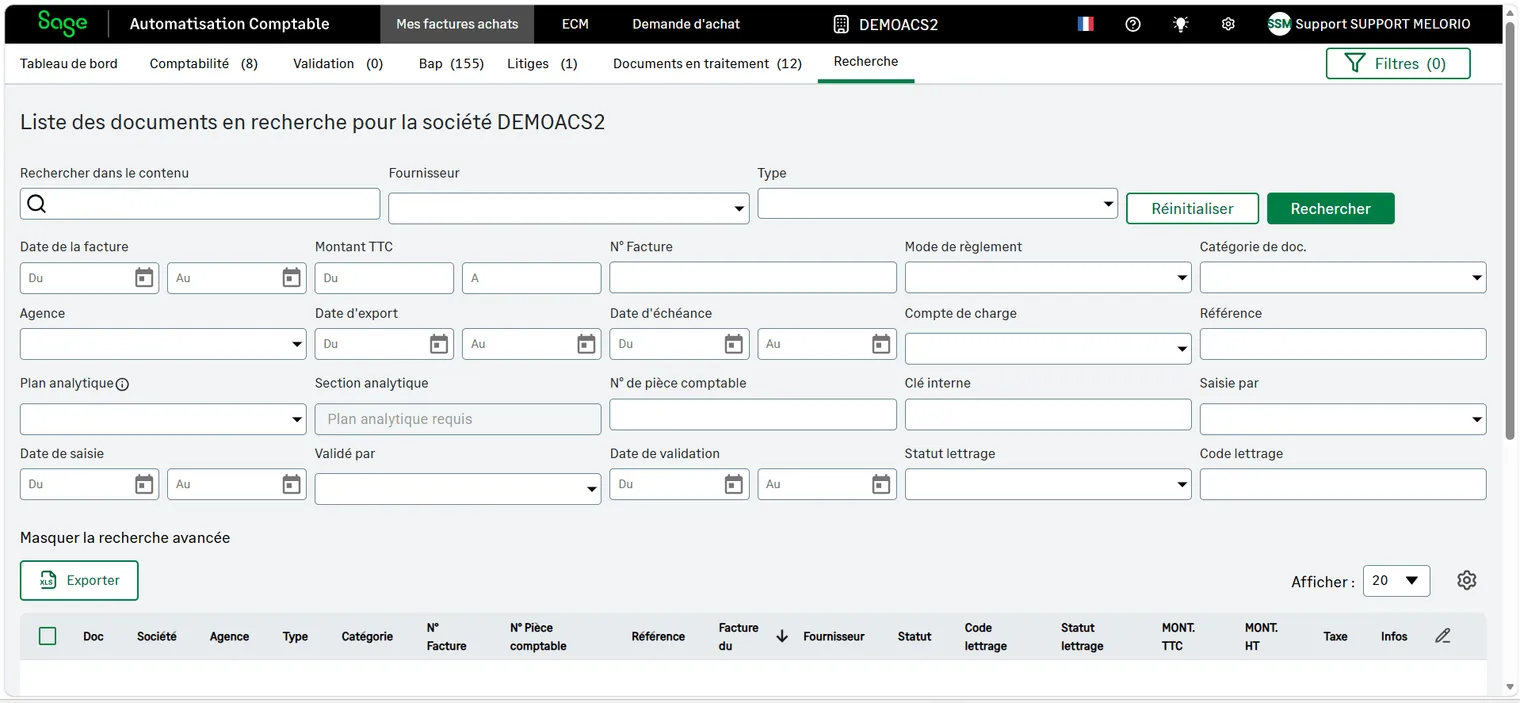 Formulaire de recherche avancée d'ACS : recherche dans le contenu du document, fournisseur, type, plage de dates de facture, plage de montants, numéro de facture, mode de règlement, catégorie, agence, dates d'export et d'échéance, compte de charge, référence, plan et section analytiques, numéro de pièce comptable, saisi par, validé par, dates de saisie et de validation, statut et code de lettrage.