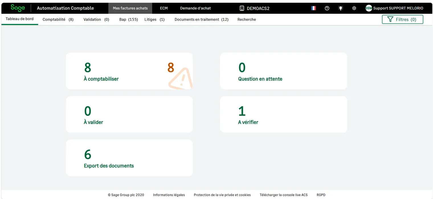 Tableau de bord de Sage Automatisation Comptable : des compteurs indiquent le nombre de factures à comptabiliser, à valider, à vérifier, en attente de question et à exporter, avec au-dessus les onglets Comptabilité, Validation, Bon à payer, Litiges, Documents en traitement et Recherche.