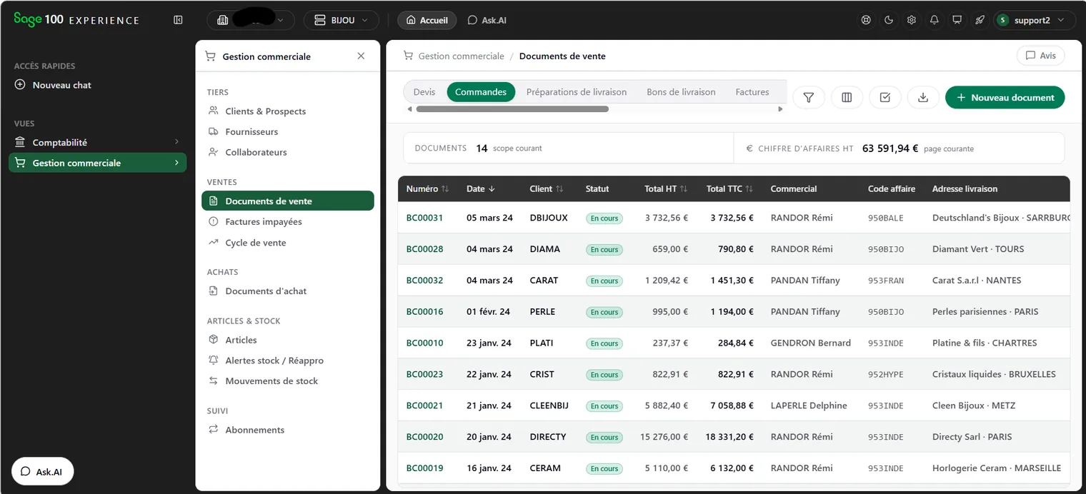 Sage 100 Experience : la liste des documents de vente dans l'interface web, avec le menu latéral, les filtres en haut de liste et le chiffre d'affaires de la page courante.