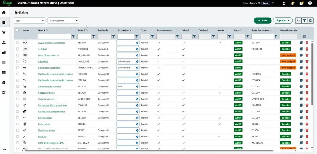 La liste des articles dans Sage Operations : pour chaque référence, son image, son nom, son code, sa catégorie et sa sous-catégorie, son type, puis quatre colonnes cochées indiquant s'il est géré en stock, acheté, fabriqué ou vendu, enfin son statut et son état d'intégration.